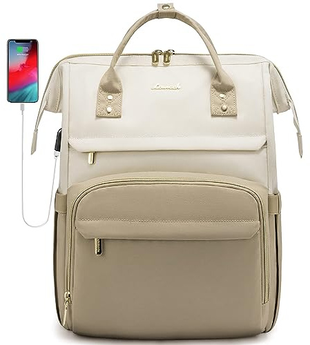 LOVEVOOK Laptop Backpack Rucksack Womens, 17 inch Large Work Bags for Women, College Bags for Teacher, Computer Bag with USB Port for Business Travel, Beige