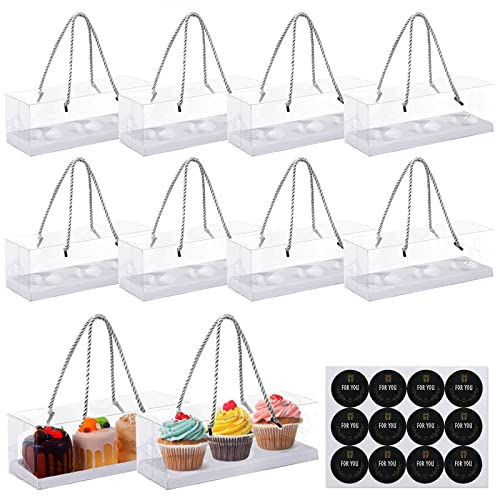 10Pcs Cupcake Boxes, 3 Hole Clear Cupcake Boxes with Window and Inserts, Cupcake Container Individual with Sticker, Clear Cake Box for Cupcake, Muffin, Suitable for Party, Wedding, Cake Shop