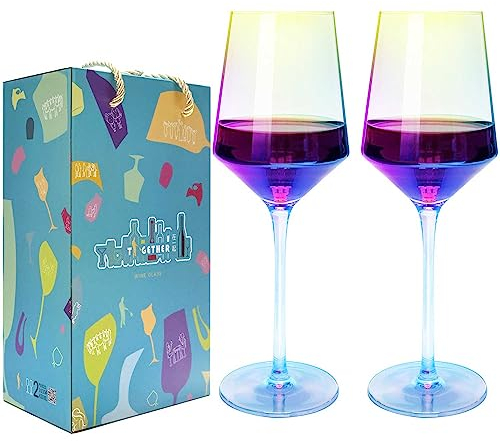 HELLWANG Weingläser, mundgeblasen in sieben Farben, schillernd, ultradünn, blendend hell, ideal für Weinproben, Weihnachten, Geburtstag, Jahrestag, Hochzeit, 590 ml, 2 Stück