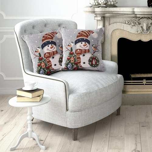 La Maison Kissenbezug für Weihnachten, weicher Baumwoll-Chenille-Wandteppich, weihnachtlich, nordischer Weihnachtsmann, Rentier, Hirsch, Schneemann (2 x Kissenbezüge, Schneemann und Rotkehlchen)