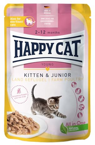 Happy Cat Young Meat in Sauce Geflügel Nassfutter Pouch, 85 g | Getreidefreies Nassfutter mit Geflügel in Sauce, für Kitten & Jungkatzen vom 2. bis 12. Monat, Pouch 85 g