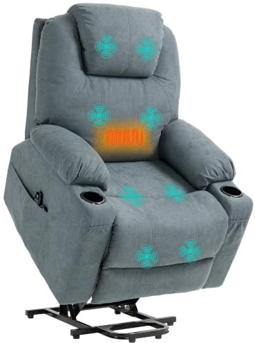 HOMCOM Fernsehsessel mit Aufstehhilfe Elektrisch TV-Sessel Dunkelgrau | Relaxsessel, Massagefunktion, Heizfunktion, Liegefunktion, Fußteil, Fernbedienung, Seitentasche, Becherhalter