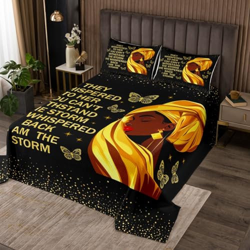 Afrikanische Damen-Tagesdecke, Kingsize, Juni, Pride Freedom, Zimmerdekoration, glitzernd, schwarz, Afro-Mädchen, gesteppte Decke, schwarz-goldene modische Bettwäsche, Steppdecke, 2 Kissenbezüge