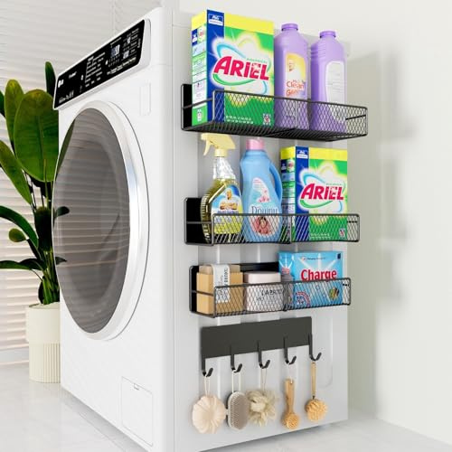 Magnetische Regale für Waschmaschine, magnetisches Gewürzregal, Organizer für Kühlschrank, Waschmaschinen-Regal, magnetische Wäsche-Organisation und Aufbewahrung, Wäschekörbe mit Hakenablage, Schwarz,