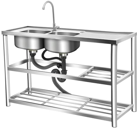 Lavabo multifunción de acero inoxidable, lavabo doble para ampliación con grifo, lavabo independiente para exteriores, camping, garaje, lavandería (120 x 45 x 80 cm)