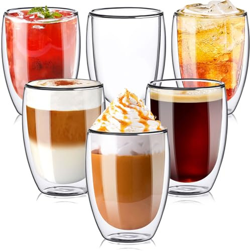 TKNO Set of 6 Double Walled Coffee Glasses Mugs Cups, for Coffee Tea Milk Juice Ice Cream Dessert, Borosilicate Heat Resistant Handle-less Glass Cups, Microwave Safe, Ideal for Hot & Cold Drinks 350ml