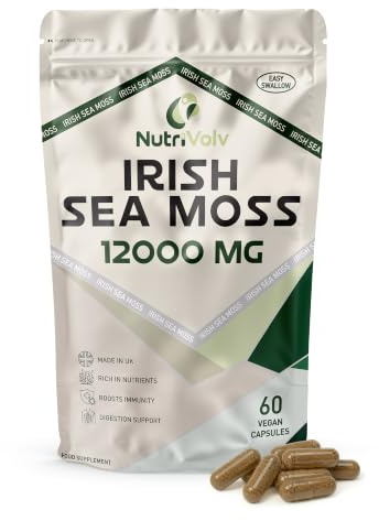 Nutrivolv Irish Sea Moss 12000mg - High Strength Vegan Capsules - Supports Immune System, Skin & Digestive Health - 60 Capsules - Sea Moss Supplement for Energy, Detox & Overall Wellness