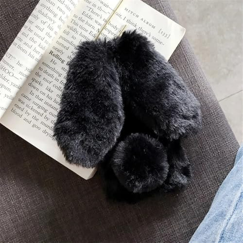 UJNHGQ Warm Rabbit Fluffy Fur Phone Case For iPhone 15 Pro Max 14 13 12 11 Pro Max X XR XS Max 7 8 Plus Rabbit Ears Soft Bag,Black, For iphone 14