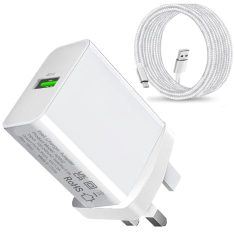 18W UK Charger Plug With Cable for Samsung Galaxy A10/A03/A7 2018/A6 A6 Plus/J6 J4 J3 J5 J7 2017,Huawei P Smast 2019/P10 Lite/P9 Lite/P8 Lite,Motorola Moto E5 E6 E5S,Fast Quick Charge 3.0 Adapter