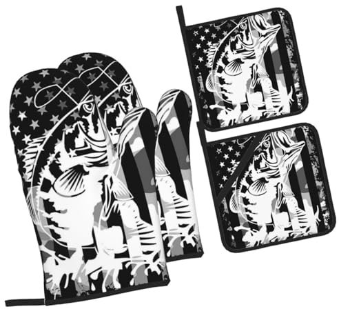 Fishing Camouflage USA Flag Bass Oven Mitts and Pot Holders 4pcs Set for Kitchen, Baking,Cooking,Gifts,BBQ