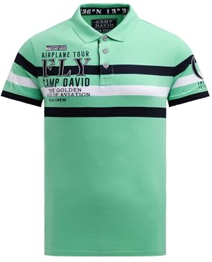 Camp David Herren Kurzarmpolo mit Streifen-Design und Artworks Flight Green, XL