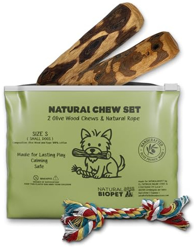 LEGNO D'ULIVO Set Masticabile Cane Taglia S (15cm) | 2 Bastoncini + Corda | Gioco 100% Naturale e Durevole | Rimuove il Tartaro | Bagnati in Olio d'Oliva | Corda in Cotone (18 cm)