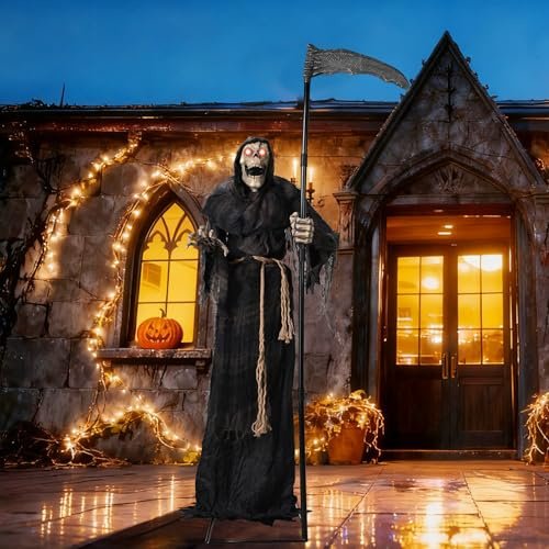 AW Halloween Animated Grim Reaper with Scythe Motion Sensor Glowing Eyes
