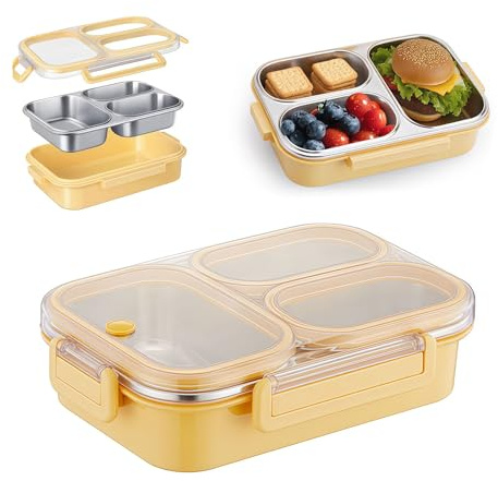 Xanthelle Brotdose Mit Fächern, Edelstahl Brotdose Kinder & Snackbox Mit Fächern, Bento Box 3 Fächer, Auslaufsichere Edelstahl Snack Box für Schule & Büro