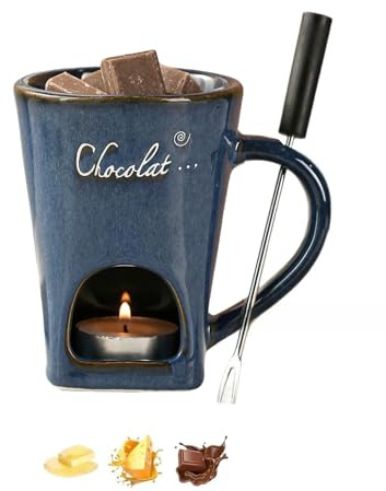 Schokofondue Tasse,Weihnachtstasse Fondue Tasse mit Gabel Schmelztopf für Weihnachtsplätzchen, Fondue Schokolade Mehrzweck Chocolate Fondue Set für Käse, Butter und Karamell, Geschenke für Mama (blue)