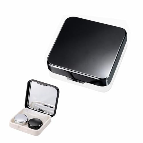 Contact Lens Case With Mirror, Compact Square Travel Storage Set, Black | Square Design, Hinged Mirror Lid, 2 Holders, Solution Bottle, Tweezers, Home And Travel Use, Leakage-Limiting Closure