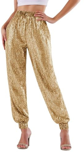 Glitzer Hose Damen Pailletten Hose Glitzer Metallic Glänzed Weites Bein Hosen Vintage Elegant 70er Jahre Glitzerhose Festliche Disco Rave Outfit