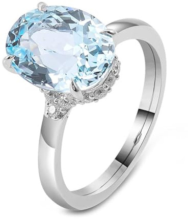 Whoiy Echtgold Ring mit Erstellter Aquamarin 1ct, Verlobungsringe Weißgold 585 Solitär Oval Gravur Hochzeitsringe Gold 14K für Damen Größe 58 (18.5)