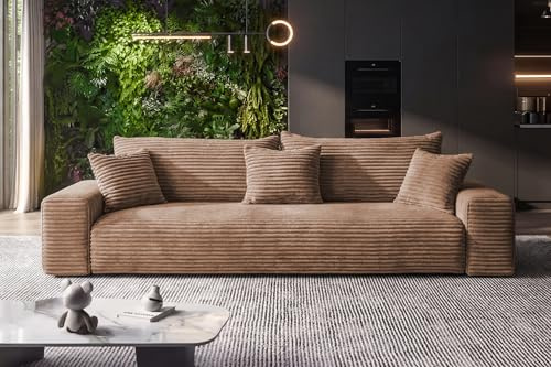 SOFILAND Cordo Schlafsofa 265×150 cm mit Bettkasten – Cord Sofa TILIA Breitcord, SoftTouch Komfort, 3-Sitzer Couch, abnehmbare Kissen, Easy Clean & Pet Friendly (Hellbraun)
