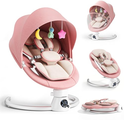 Sdraietta Attività Elettrica per Neonati con Schienale Regolabile 2 Livelli - Sedia Oscillante con App e Telecomando, 3 Timer, 5 Velocità di Movimento, 12 Musiche Ludiche, Bluetooth (Rosa)