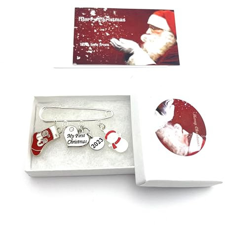 My First Christmas 2023 Andenken Windelnadel mit Geschenkbox & Geschenkkarte – Schneemann, Weihnachtsstrumpf, S, Metall, Strass