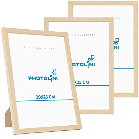 PHOTOLINI Cadre 20 x 25 bois MDF naturel, lot de 3 cadres photo pour posters et affiches, verre acrylique incassable, décoration murale à suspendre & à poser, avec accessoires supplémentaires