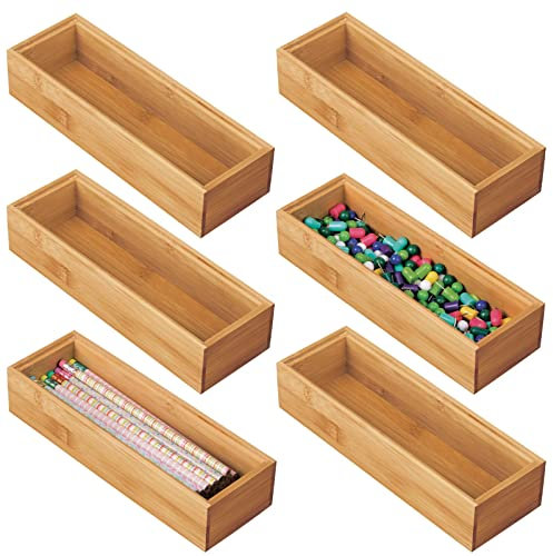 mDesign 6er-Set Aufbewahrungsbox für Schreibtisch und Schublade – rechteckige Schubladenbox aus Bambus – hochwertiger Schreibtisch Organizer für Bürobedarf und Bastelsachen – naturfarben