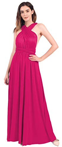 IBTOM CASTLE Élégant Femmes Double V-Cou Dentelle Tulle Fleur Robe de Mariage Demoiselles d'honneur Fête Cocktail Robes de Bal sans Manches Longue Maxi Robe de Soirée Rose Vif S