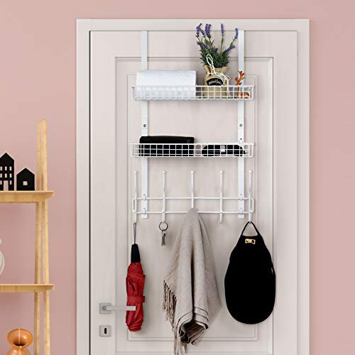OYEAL Over The Door Hanger with 2 Mesh Baskets 5 Hooks, Detachable Storage Organizer Rack for Coats, Hats, Handbags,Towels, Easy Install Metal Hanging Hook Rack Shelf, White
