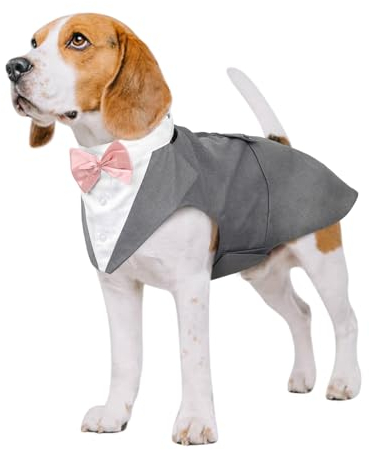Kuoser Hund Smoking Anzug & Bandana Set, Haustier Fomal Kleidung Hunde Mantel mit Abnehmbarer Fliege, Hundeanzug Welpe Kostüm Shirt für Hochzeit Halloween Geburtstag Party, S-XXL