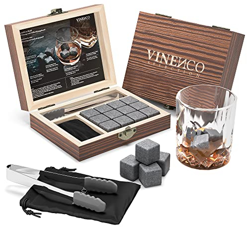 Whisky Steine Set - 12 Wiederverwendbare Basalt Eiswürfel, Zange + Stoffbeutel, Whiskey Ice Cubes Kühlsteine Bar Zubehör Cocktail Rocks Gin Stones Dekorationszubehör Geschenk Whiskysteine