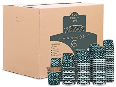 Caramont,4 Oz 1000 Espresso Gobelets en Carton avec Agitateurs en Bois,Écologique et Jetables,Résistant à la Chaleur,Carton de Qualité,Idéal pour Toutes Les Boissons Chaudes ; Café,Thé,Chocolat etc.