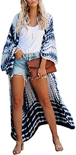 Bsubseach Women Tie Dye Open Front Kimono Cardigan Long Sleeve Bikini Cover Up for Swimwear White Blue