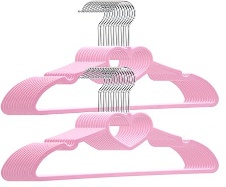 ZRKFSR Confezione da 20 grucce in plastica, a forma di cuore, rosa, finitura liscia, salvaspazio, forti e durevoli, per abiti, camicie, cappotti