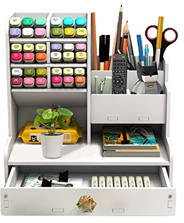 Huhemy Organizer Scrivania Realizzato con tavola di plastica,Portapenne da Scrivania fai-da-te di grande capacità,Porta Penne per Scrivania Portapenne con cassetto,per casa,ufficio etc. (PB17)