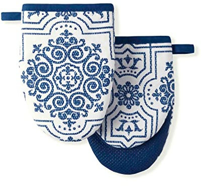 Martha Stewart Strie Medallion Mini Oven Mitt 2-Pack Set, Navy Blue, 5.5X8