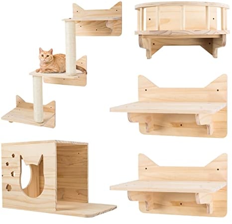MIUZMORE 9 PCS Katzen Kletterwand Set aus Kiefernholz - 5 Kletterwand Katzen inklusive, Kratzbaum mit 3 Stufen, Sitzstange, Katzenhaus und Katzenwohnung - katzenkletterwand