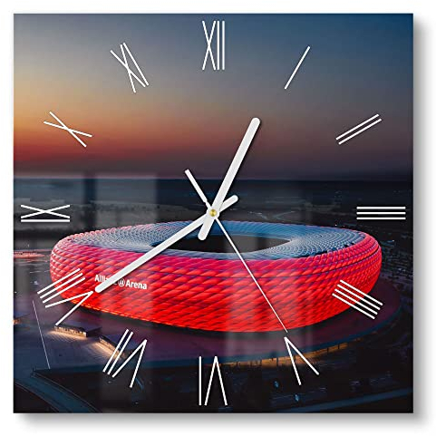DEQORI Glasuhr | 30x30 cm | Motiv Allianz Arena, München | ausgefallene leise Design Uhr aus Glas | Wanduhr für Wohnzimmer & Küche | moderne Hingucker Uhr für die Wand