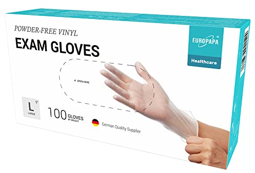 EUROPAPA® 100x Vinylhandschuhe Einweghandschuhe Untersuchungshandschuhe Einmalhandschuhe latexfrei puderfrei Vinyl Handschuhe in Gr. S, M, L & XL verfügbar (Transparenz, L)