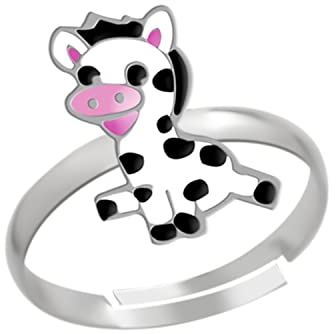 Kinderschmuck Ring Kuh, kleines lustiges tanzendes Kalb. Tier Schmuck Geschenke für Mädchen, Kinder. Weite verstellbar aus 925 Sterling Silber. Kommt in Geschenkbox.