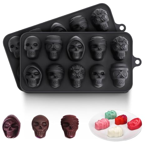 XYWOQS Halloween Calavera Moldes de Silicona para Bombones 2Pcs,Esqueleto Cráneo Molde de Cubitos de Hielo,Molde para Hornear Calavera Fantasma 3D para Caramelo,Jalea,Pastel de Bricolaje,Jabón