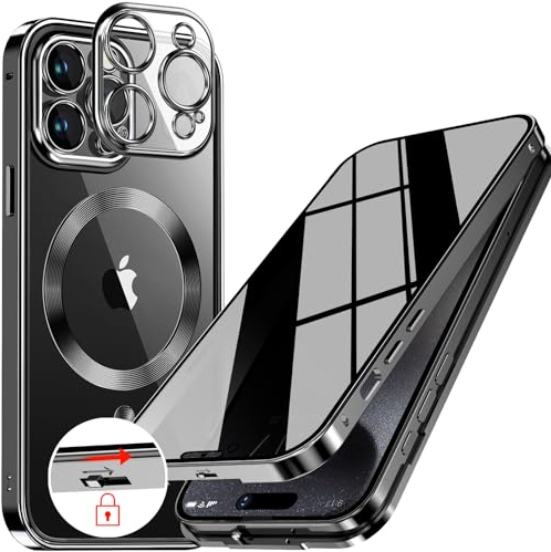 [Anneau en Métal CD & Verrouillage de Sécurité] Coque Anti-Espion Magnétique pour iPhone 15 Pro Max 6.7 [Protection D'objectif Intégrée] Étui Intégrale avec Écran en Verre 9H Intégré, - Noir