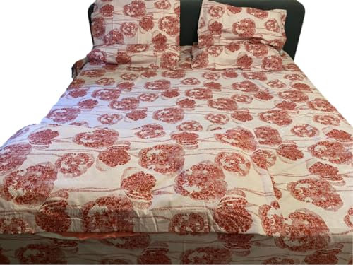 100% Cotton Rose Gold Floral Bedding Set with Flat Bedsheet 240x260cm, Duvet/Quilt Cover 200x230cm and 4 Pillowcases 45x75cm