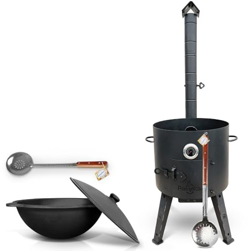 Utschak Feuerofen Ø 44 cm 2 mm Stahl mit Thermometer Usbekische Kazan 16 L runder Boden Schaumlöffel 48 cm Schaumlöffel 64 cm Kazan Учаг Uchag казан Gusseisen Oven учак (Set 3)