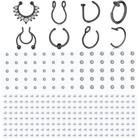 WillTen Lot de 8 faux piercings pour le nez, le septum, le nez, le nez, les sourcils, les lèvres - Argenté, or, noir, Métal