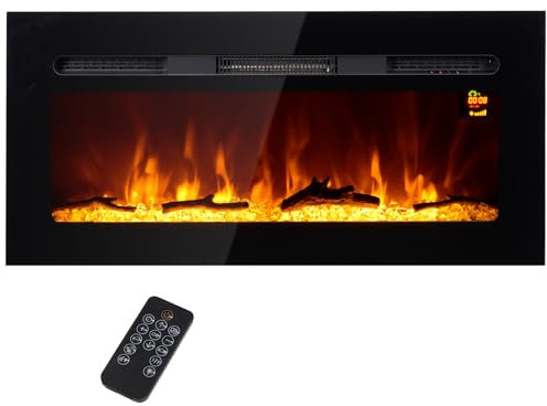 HOMCOM Elektrokamin mit LED Flammeneffekt,1800 W Wandkamin mit Kristalle, in 3 Farben mit 5 Helligkeitsstufen,Elektrischer Kamin mit Fernbedienung, Timer, Touchscreen, Wandmontage, Schwarz