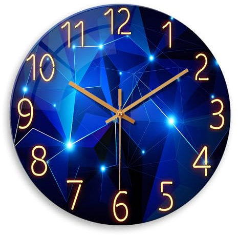 Round Blue Wall Clocks for Living Room Modern Wall Clocks Battery Operated 12 Inch Glass Wall Clock Slient Non Ticking