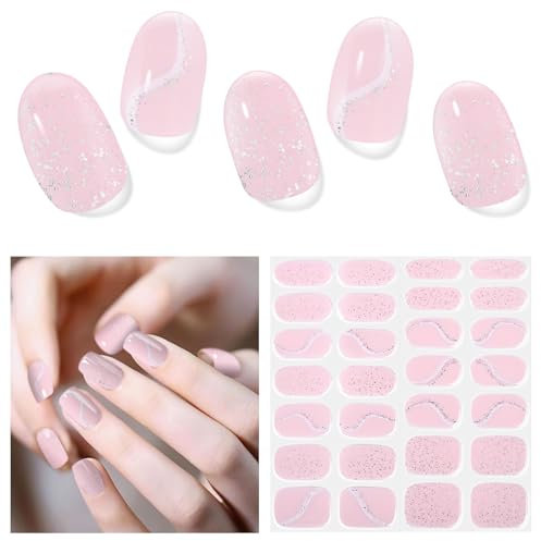 DUKASOU Gel Nail Stickers, 28 Pcs Semi Cured Gel Nail Strips, UV/LED Lamp Required, Long Lasting, Easy to Apply & Remove, French Tip, Glitter, Floral, Variety Pack, Plastic, Nail Art Designs, Nails