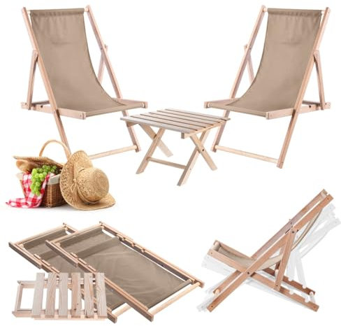 KADAX Klapptisch mit 2 Liegestühlen, Kleiner Gartentisch aus Holz, Beistelltisch für Balkon und Garten, Kaffeetisch klein, Balkontisch klappbar (Beige)