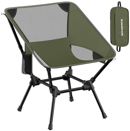 SONGMICS Camping Chair, Lightweight Folding Beach Chair, Adjustable Height, Steel Frame, Supports 150 kg, 2 Storage Pockets, Portable for Outdoor Travel, Green GCB050CZ01